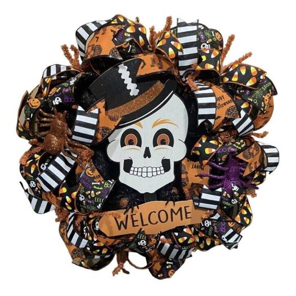 Halloween Deco Mesh Wreath~Skull, Spiders~Large~Front Door~Handmade - Picture 1 of 7